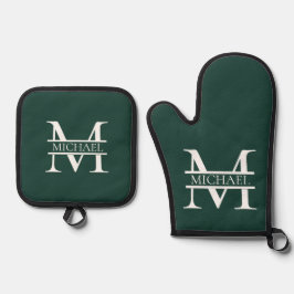 Gepersonaliseerd Elegant Emerald Green Monogram &  Ovenwant & Pannenlap Set