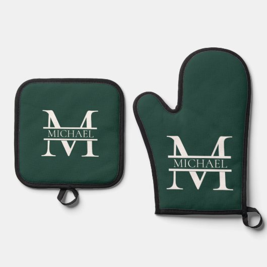 Gepersonaliseerd Elegant Emerald Green Monogram &  Ovenwant & Pannenlap Set (Voorkant)
