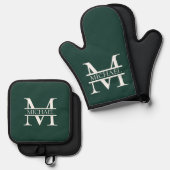 Gepersonaliseerd Elegant Emerald Green Monogram &  Ovenwant & Pannenlap Set (Voorkant / Achterkant)