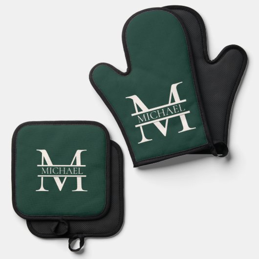 Gepersonaliseerd Elegant Emerald Green Monogram &  Ovenwant & Pannenlap Set (Voorkant / Achterkant)
