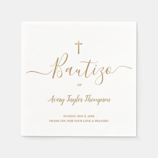 Gepersonaliseerd Elegant Gold Cross Bautizo spaans Servet (Voorkant)
