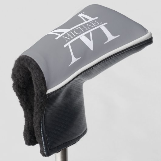 Gepersonaliseerd Elegant Grijs Monogram en Naam Golfheadcover (3/4 voorkant)
