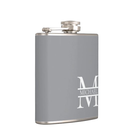 Gepersonaliseerd Elegant Grijs Monogram en Naam Heupfles (Rechts)