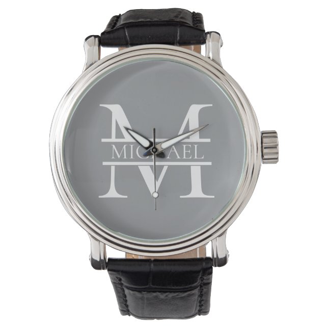 Gepersonaliseerd Elegant Grijs Monogram en Naam Horloge (Voorkant)