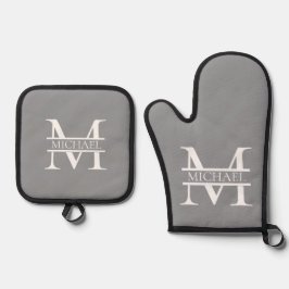 Gepersonaliseerd Elegant Grijs Monogram en Naam Ovenwant & Pannenlap Set