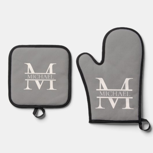 Gepersonaliseerd Elegant Grijs Monogram en Naam Ovenwant & Pannenlap Set (Voorkant)