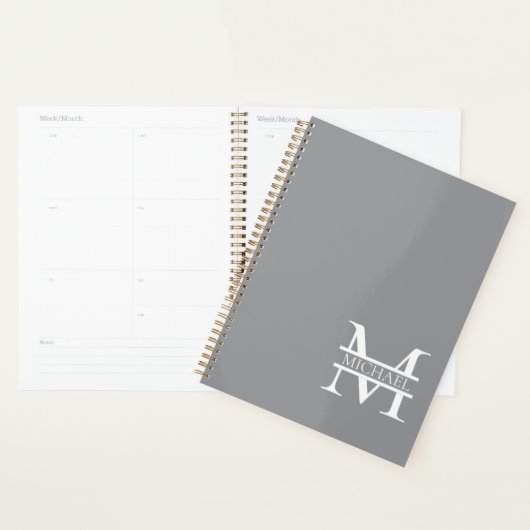 Gepersonaliseerd Elegant Grijs Monogram en Naam Planner (Display)
