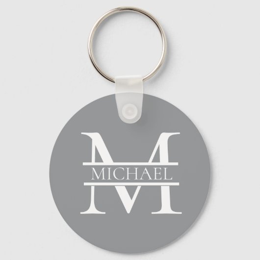 Gepersonaliseerd Elegant Grijs Monogram en Naam Sleutelhanger (Voorkant)