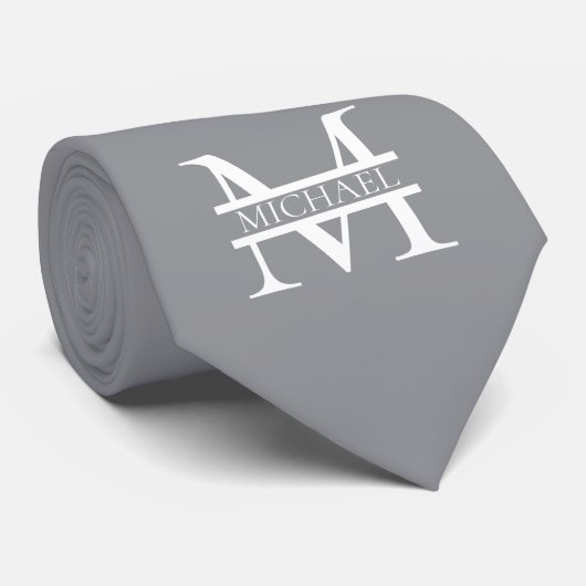 Gepersonaliseerd Elegant Grijs Monogram en Naam Stropdas (Opgerold)