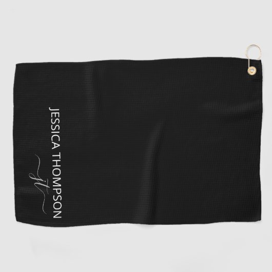 Gepersonaliseerd Elegant Modern Monogram Name Blac Golfhanddoek (Horizontaal)