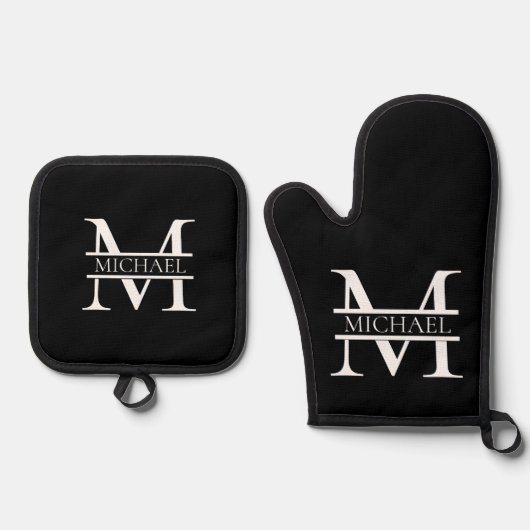 Gepersonaliseerd Elegant Monogram en Naam Ovenwant & Pannenlap Set (Voorkant)