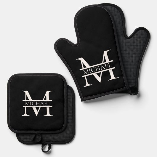 Gepersonaliseerd Elegant Monogram en Naam Ovenwant & Pannenlap Set (Voorkant / Achterkant)