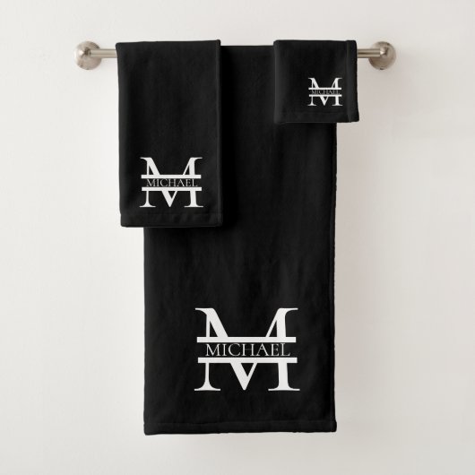 Gepersonaliseerd Elegant Monogram en Naam Zwart Bad Handdoek (Insitu)