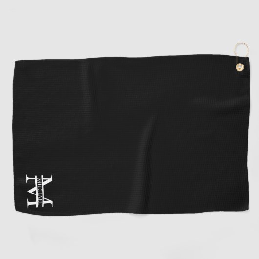 Gepersonaliseerd Elegant Monogram en Naam Zwart Golfhanddoek (Horizontaal)