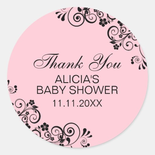 Gepersonaliseerd Elegant ROZE Baby shower Dank u Ronde Sticker (Voorkant)
