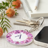 Gepersonaliseerd Elegant Roze Floral Monogram Sleutelhanger (Voorkant Rechts)