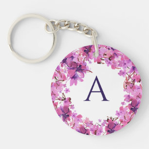Gepersonaliseerd Elegant Roze Floral Monogram Sleutelhanger