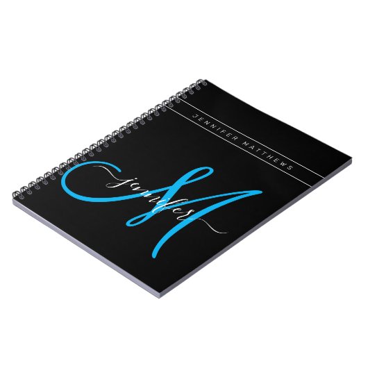 Gepersonaliseerd Elegant Script Blue Black Monogra Notitieboek (Linkerzijde)