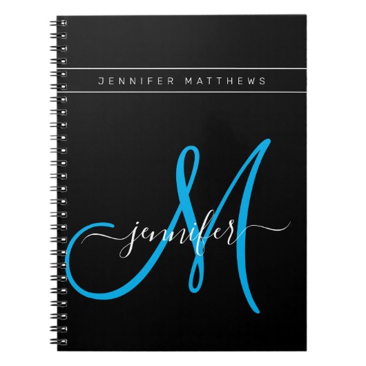 Gepersonaliseerd Elegant Script Blue Black Monogra Notitieboek (Voorkant)