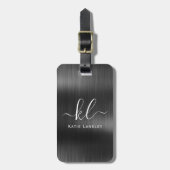Gepersonaliseerd Elegant Script Zwart Faux Metalli Bagagelabel (Voorkant verticaal)