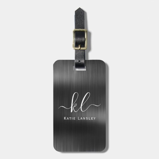Gepersonaliseerd Elegant Script Zwart Faux Metalli Bagagelabel (Voorkant verticaal)