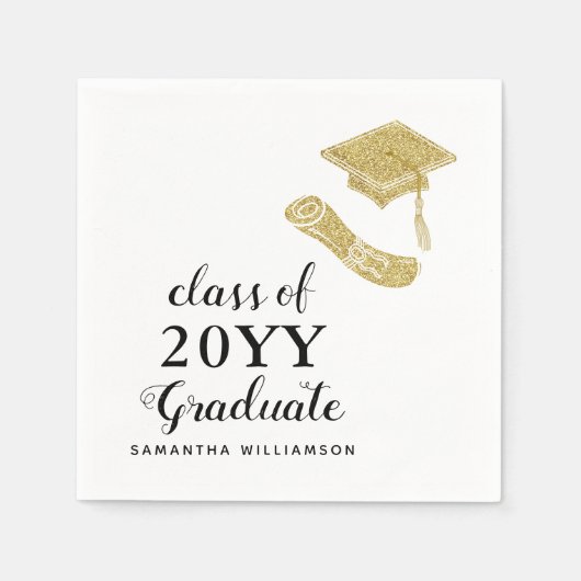 Gepersonaliseerd Elegant Wit Zwart Goud Afstuderen Servet (Voorkant)