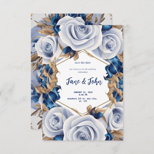 [Gepersonaliseerd] Elegante blauwe bruiloft uitnod Kaart (Voorkant / Achterkant)