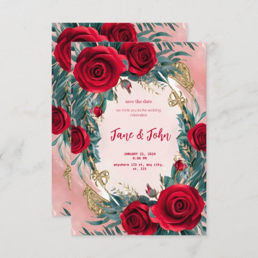 [Gepersonaliseerd] Elegante rode bruiloft uitnodig Kaart (Voorkant / Achterkant)