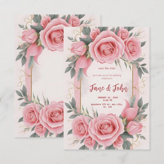 [Gepersonaliseerd] Elegante roze bruiloft uitnodig Kaart (Voorkant / Achterkant)