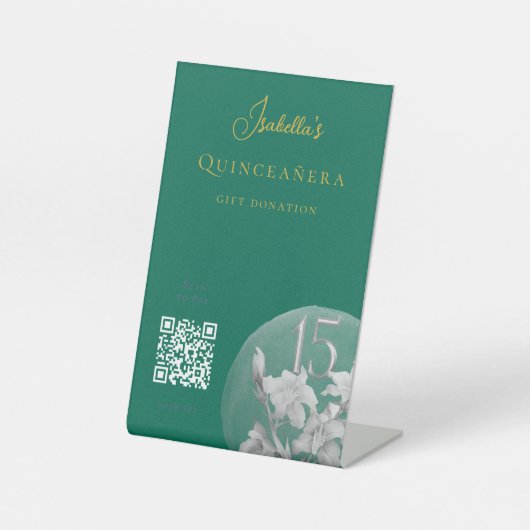 Gepersonaliseerd Emerald Quinceanera QR Code Cash  Reclamebord Met Voetstuk (Voorkant)