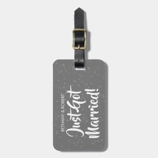 Gepersonaliseerd enkel trouwde Silver Confetti Bagagelabel (Voorkant verticaal)