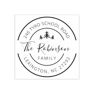 Gepersonaliseerd familieadres Round Pine Tree Rubberstempel