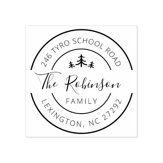 Gepersonaliseerd familieadres Round Pine Tree Rubberstempel (Afrduk)