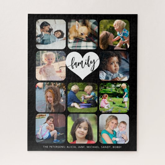 Gepersonaliseerd familiefotocollage script met 11  legpuzzel (Verticaal)