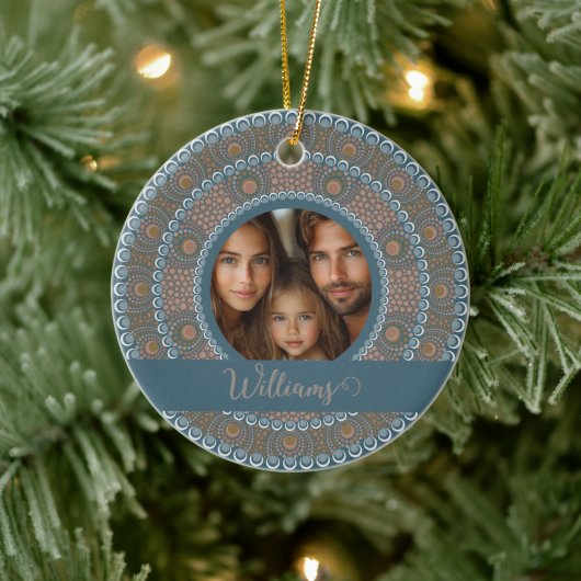 Gepersonaliseerd familieportret Blauwgroen en goud Keramisch Ornament (Boom)