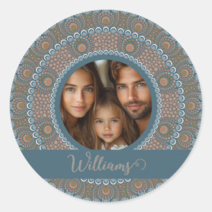Gepersonaliseerd familieportret Blauwgroen en goud Ronde Sticker