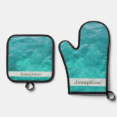 Gepersonaliseerd faux blauw water ovenwant & pannenlap set (Voorkant)