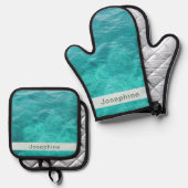 Gepersonaliseerd faux blauw water ovenwant & pannenlap set (Voorkant / Achterkant)