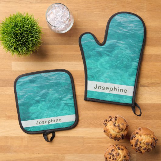 Gepersonaliseerd faux blauw water ovenwant & pannenlap set (Top down)