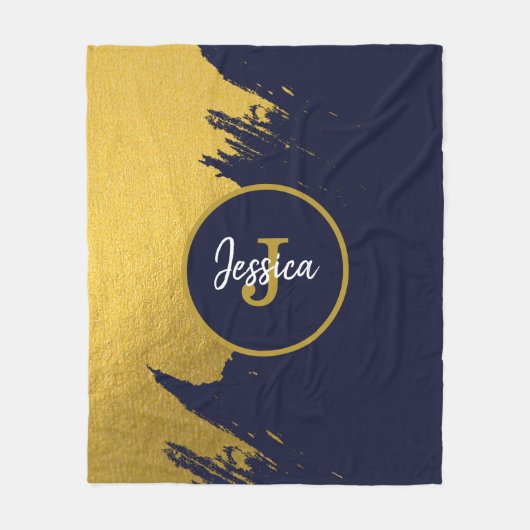 Gepersonaliseerd Faux Gold Brushstrokes met Navy B Fleece Deken (Voorkant)