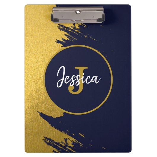 Gepersonaliseerd Faux Gold Brushstrokes met Navy B Klembord (Voorkant)