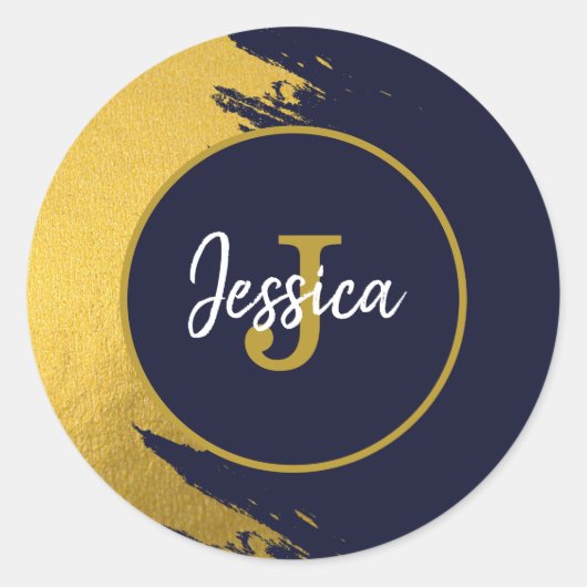 Gepersonaliseerd Faux Gold Brushstrokes met Navy B Ronde Sticker (Voorkant)
