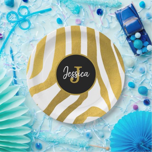 Gepersonaliseerd Faux Gold Zebra Print Stripes Pat Papieren Bordje (Feest)
