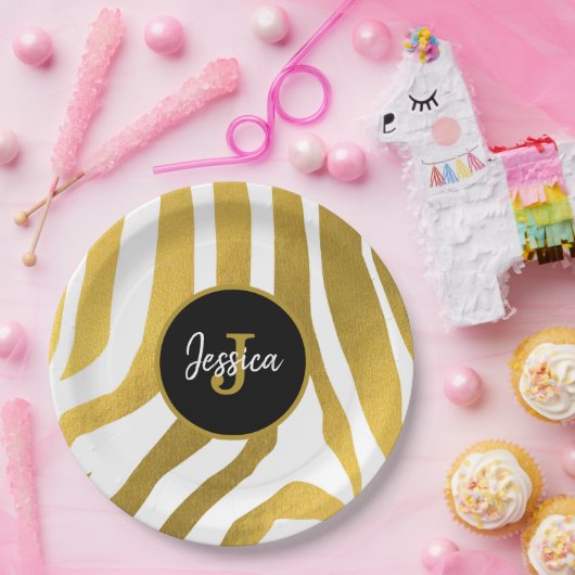 Gepersonaliseerd Faux Gold Zebra Print Stripes Pat Papieren Bordje (Feest)