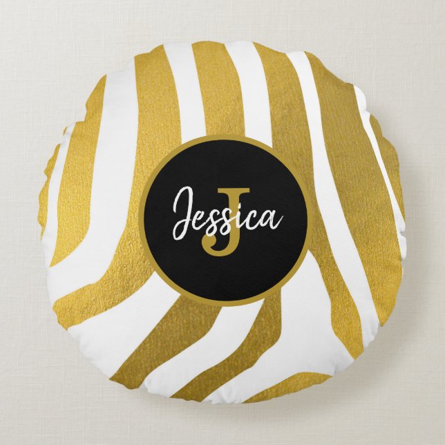 Gepersonaliseerd Faux Gold Zebra Print Stripes Pat Rond Kussen (Voorkant)