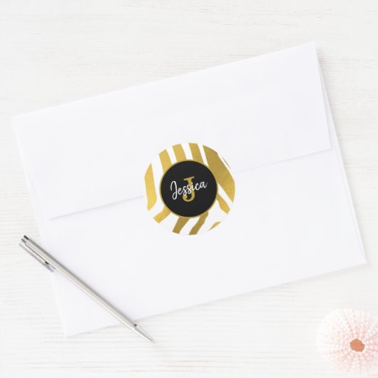 Gepersonaliseerd Faux Gold Zebra Print Stripes Pat Ronde Sticker (Envelop)