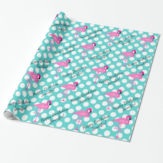 Gepersonaliseerd Flamingo- en pooldot-papier Cadeaupapier (Uitgerold)