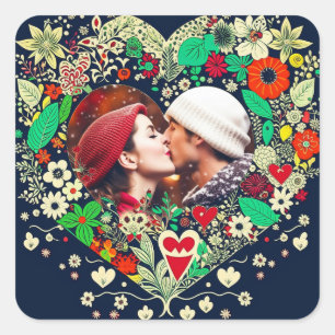 Gepersonaliseerd Floral Heart Lijst Romantisch cad Vierkante Sticker
