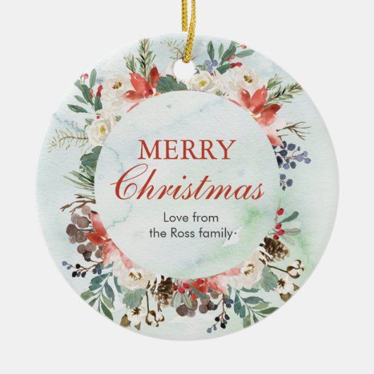 Gepersonaliseerd Floral Kerst Keramisch Ornament (Voorkant)