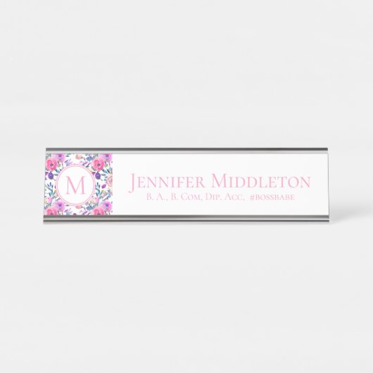 Gepersonaliseerd Floral Pink Monogram Bureau Naambordje (Voorkant)